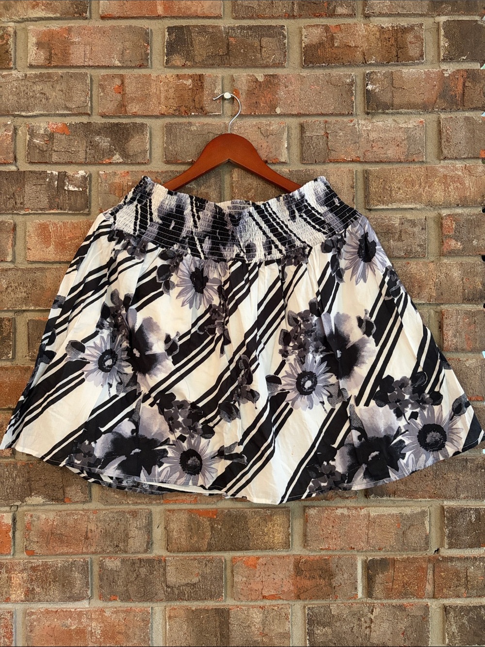 Tracy Evans Black & White Floral Stripe Smocked Skater Skirt